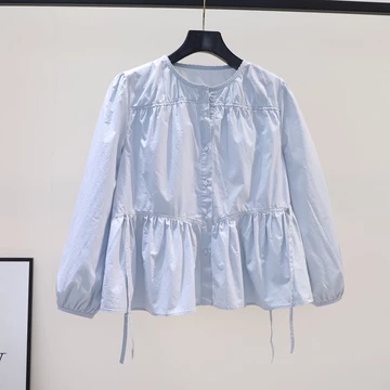 Áo sơ mi nữ, Áo sơ mi dài tay, Áo sơ mi màu trơn, Thiết kế xếp li, Áo sơ mi Cotton nguyên chất màu xanh nhạt, Áo sơ mi dài tay dáng rộng thời trang phiên bản Hàn Quốc, Quần áo phong cách Hàn Quốc, Áo 