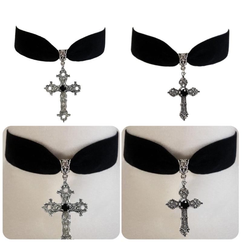 Vòng Cổ Choker Nhung Đen Mặt Thánh Giá Độc Đáo Phong Cách Gothic Cổ Điển