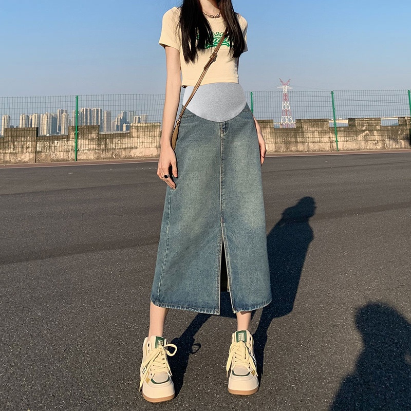 Chân Váy Denim Dáng Rộng Xẻ Tà Thời Trang Mùa Hè Cho Mẹ Bầu