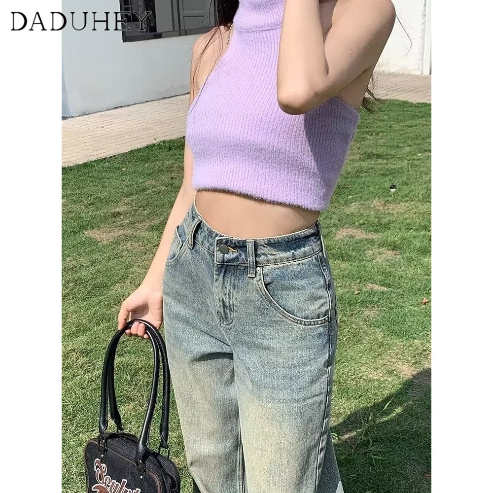 Ảnh DaDuHey New American Ins High Street Retro Raw Edge Jeans Niche High Waist Wide Leg Pants Large Size Trousers 2