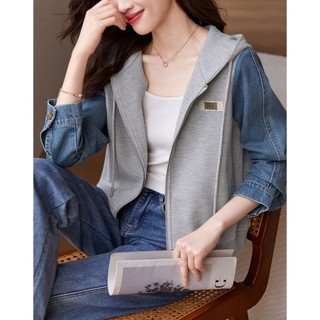 Casual denim stitching top 2023 mùa xuân phong cách mới dây rút có mũ trùm đầu kết cấu áo khoác all-match nữ