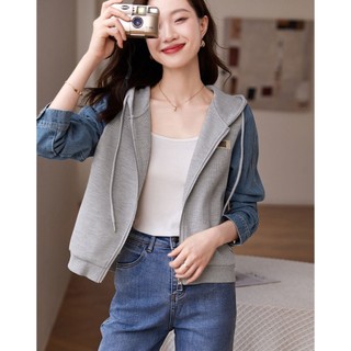 Casual denim stitching top 2023 mùa xuân phong cách mới dây rút có mũ trùm đầu kết cấu áo khoác all-match nữ