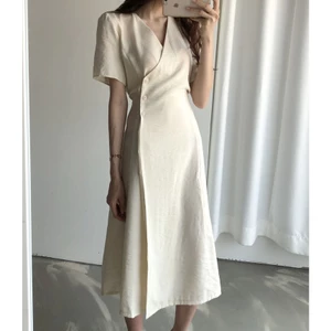 Suxi Phong Cách Hàn Quốc Cổ Chữ V Ôm Vừa V Phối Thắt Lưng Midi Đầm Dài Vừa Tay Ngắn