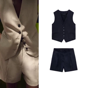 Áo vest vải lanh đi lại mùa hè mới 2025 + quần short thường ngày lưng cao 9929321 9929221