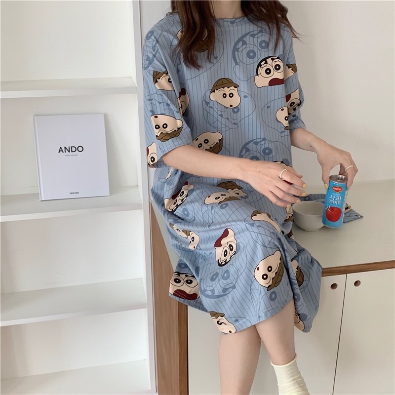 Đầm ngủ Lff0808 tay lỡ form rộng in hoạt hình dễ thương phong cách Hàn Quốc thời trang xuân thu cho nữ
