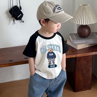 Mùa Hè Trẻ Em Phong Cách Mới Cotton Nguyên Chất Khâu Hoạt Hình Gấu Tay Ngắn Bé Trai Rời Áo Thun Nhỏ Vừa Trẻ Em