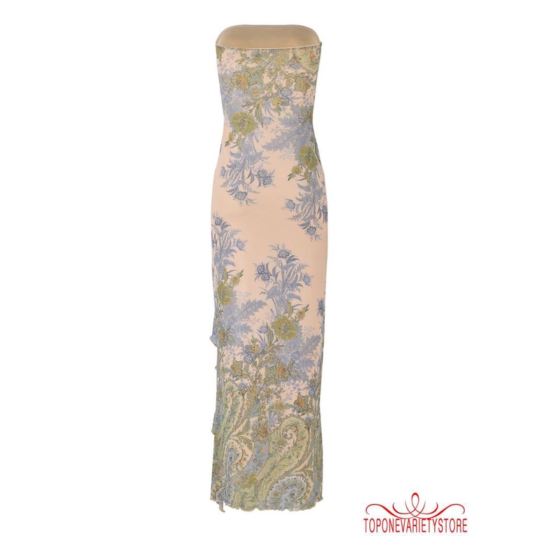 Topone-nữ Quấn Ngực Bodycon Đầm In Hoa Dây Xù Xù Khe Lưng Đầm Dài Mùa Hè