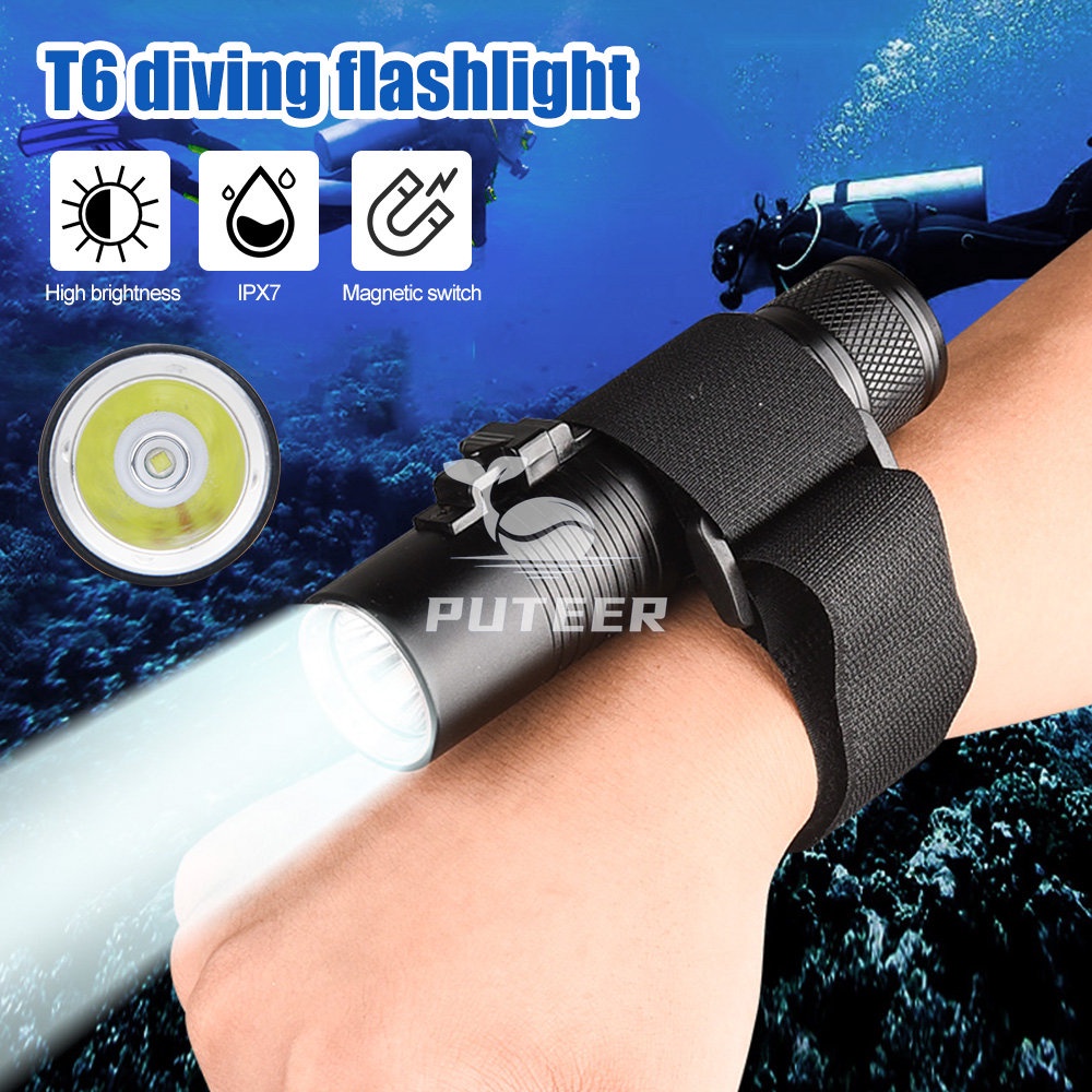 Đèn pin LED dưới nước có dây đeo cổ tay, công tắc từ tính - Phù hợp lặn tự do và câu cá