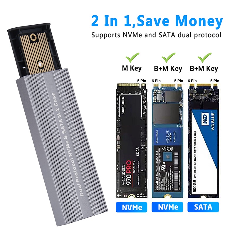 M.2 nvme sata ssd vỏ hộp giao thức kép chip jms581d 10gbps usb 3.2 gen2 ...
