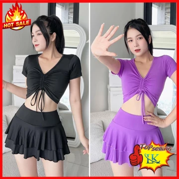 Set đồ tập nữ, đồ tập gym aerobic nữ áo rút kết hợp chân váy xoè 2 tầng, đồ đi biển nữ(Vay11) Hanasp247