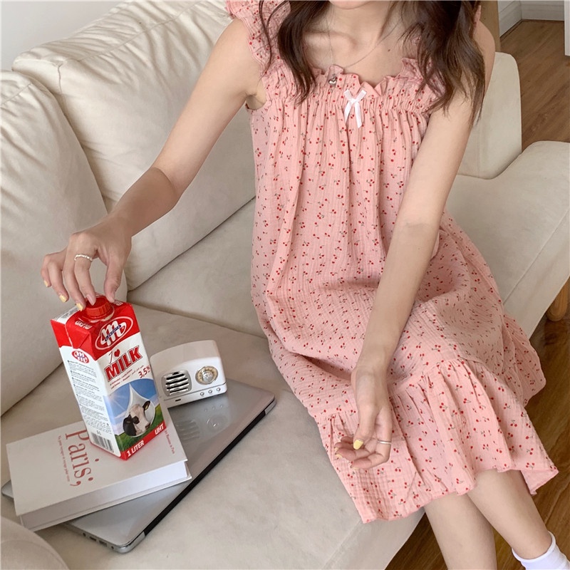 Bong bóng cotton gạc đồ ngủ mùa hè phụ nữ sling nightdress influencer dễ thương ngọt ngào đồ mặc nhà