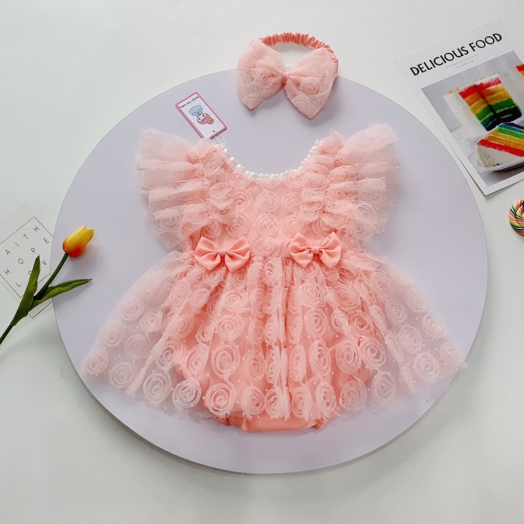 Set body váy bé gái đầy tháng kèm nơ MINTSCLOSET Mints Closet váy hồng cam hoa nổi cho bé sơ sinh 1 2 3 tuổi - BV7053