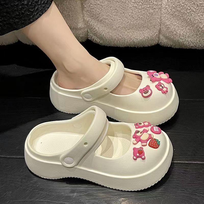 Dép Sandal Mary Jane Đục Lỗ Đế Dày Chống Trượt In Họa Tiết Dâu Tây / Gấu Dễ Thương Thời Trang Mùa Hè Cho Nữ