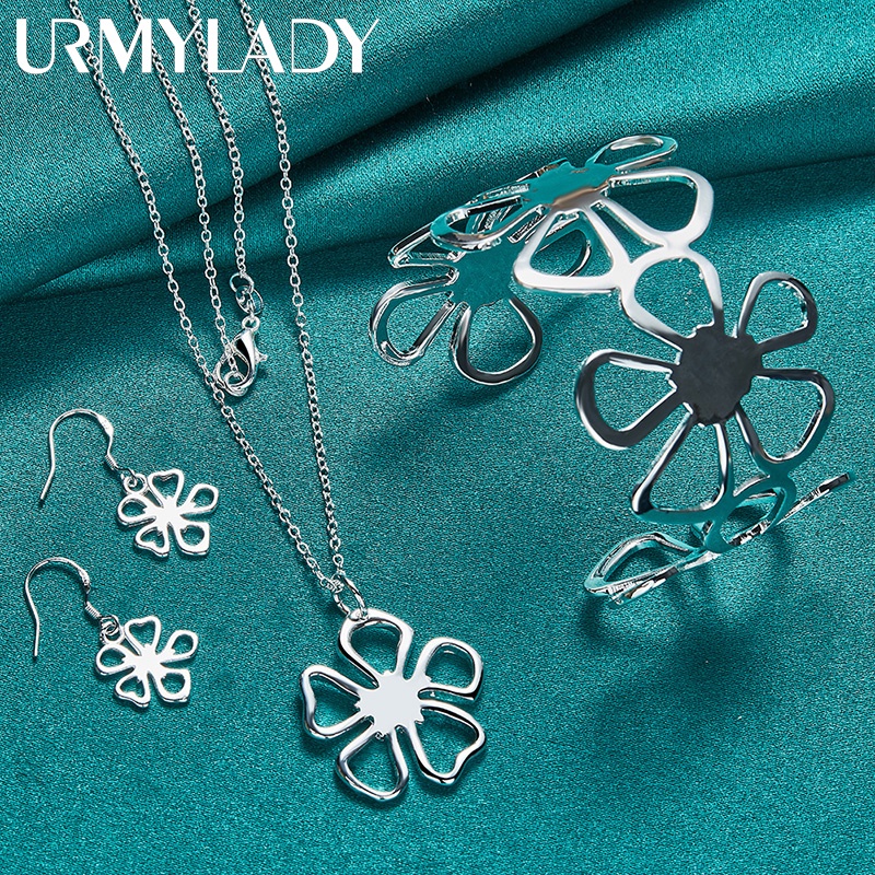 URMYLADY Bạc 925 Hoa Vòng Cổ Bông Tai Lắc Tay Bộ Trang Sức Cho Nữ Tiệc Cưới Thời Trang Quyến Rũ