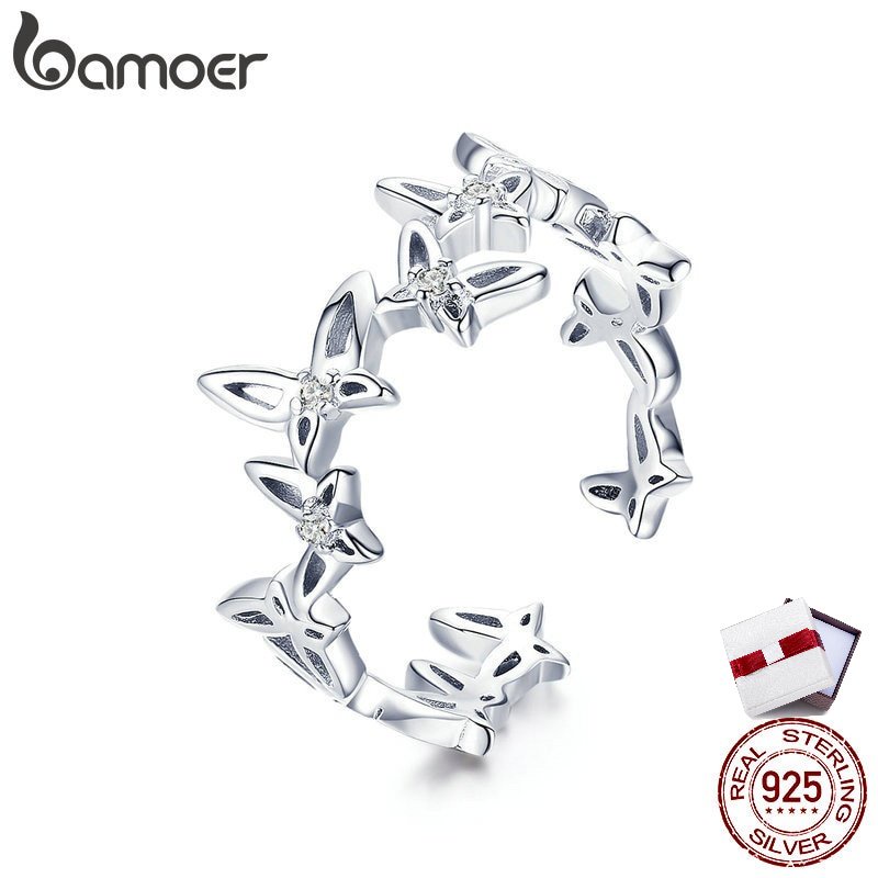 Nhẫn hở Bamoer BSR027 bạc 925 điều chỉnh được thiết kế bướm xếp chồng thời trang sành điệu dành cho nữ