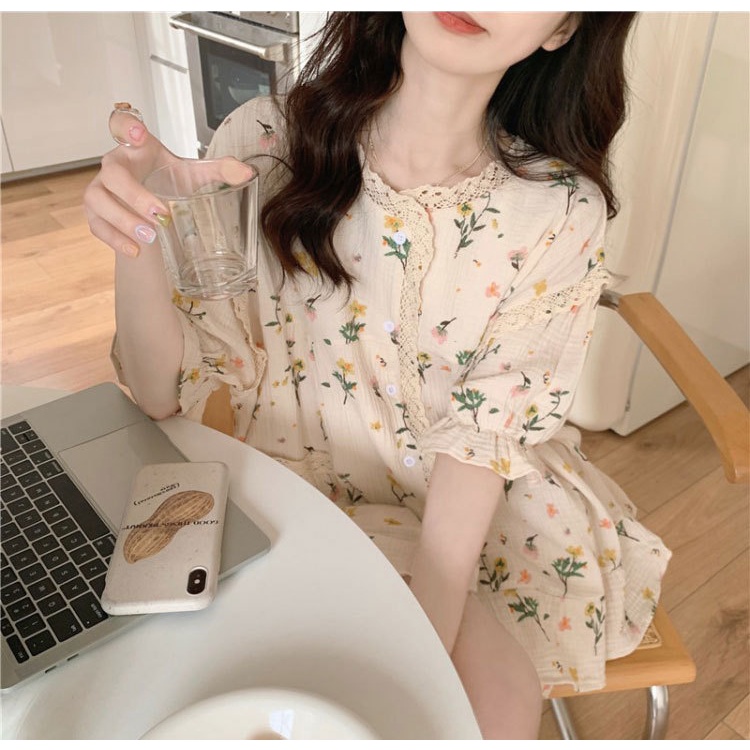 Váy Ngủ	Pyjama Bộ Đồ Ngủ Ngắn Tay Cổ Tròn Họa Tiết Hoa Phong Cách Hàn Quốc Cho Nữ