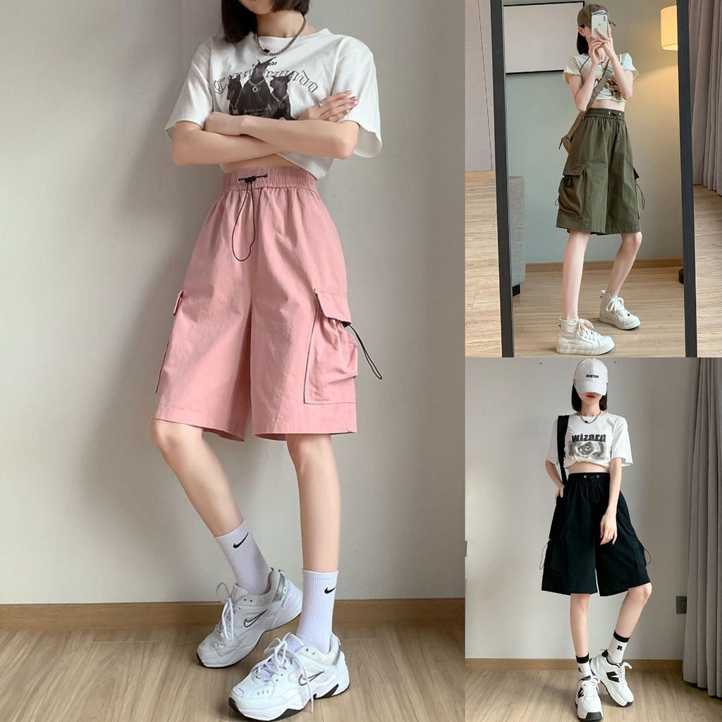 Ngọt Ngào Mát Hồng Quần Short Làm Việc Nữ Mùa Hè Mỏng Nhanh Khô Thường Ngày Quần Ống Rộng Rời Thẳng Crop Quần Short