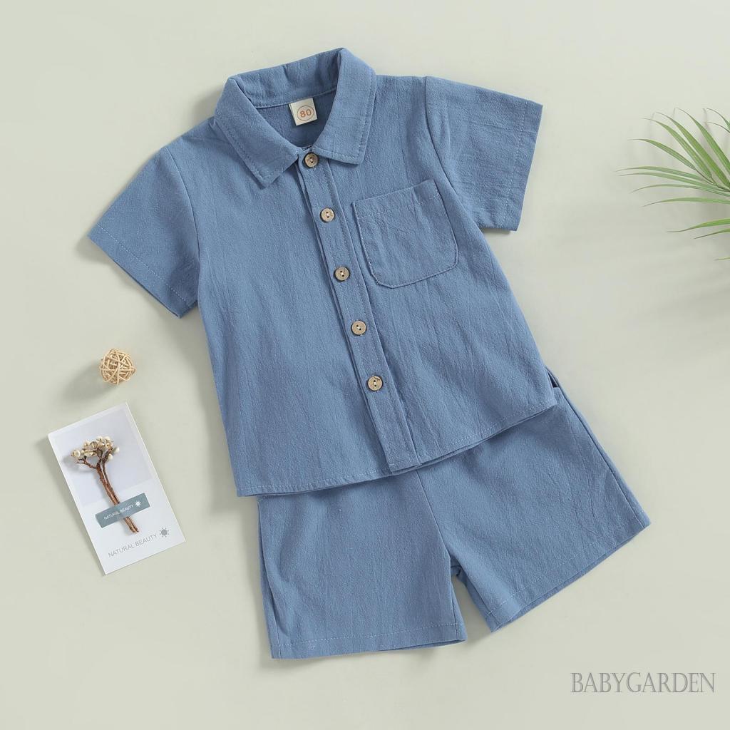 Bộ Áo Sơ Mi Tay Ngắn Màu Trơn Cài Nút + Quần Short Lưng Thun Thời Trang Cho Bé Trai 6 Tháng - 4 Tuổi