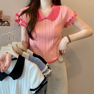 Áo thun ngắn tay mỏng mùa hè dành cho nữ Phong cách mới Hàn Quốc Quần dệt kim viền sóng