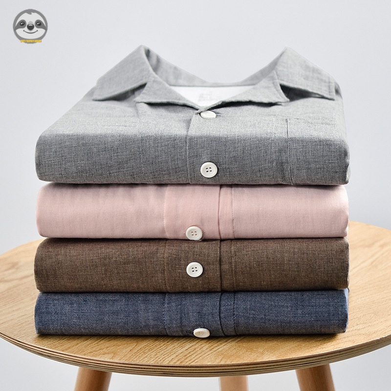 Bộ Đồ Ngủ Pijama Vải Gạc Hai Lớp Màu Trơn Phong Cách muji Nhật Bản Cho Cặp Đôi