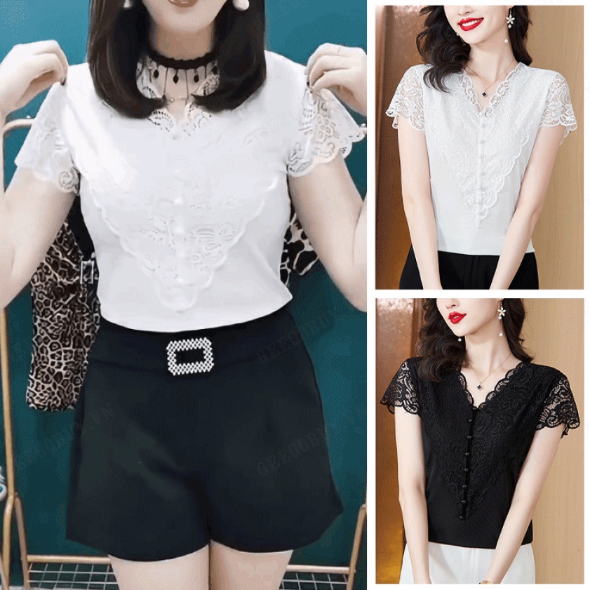 Áo Thun Tay Ngắn Phối Ren Thanh Lịch Dành Cho Nữ