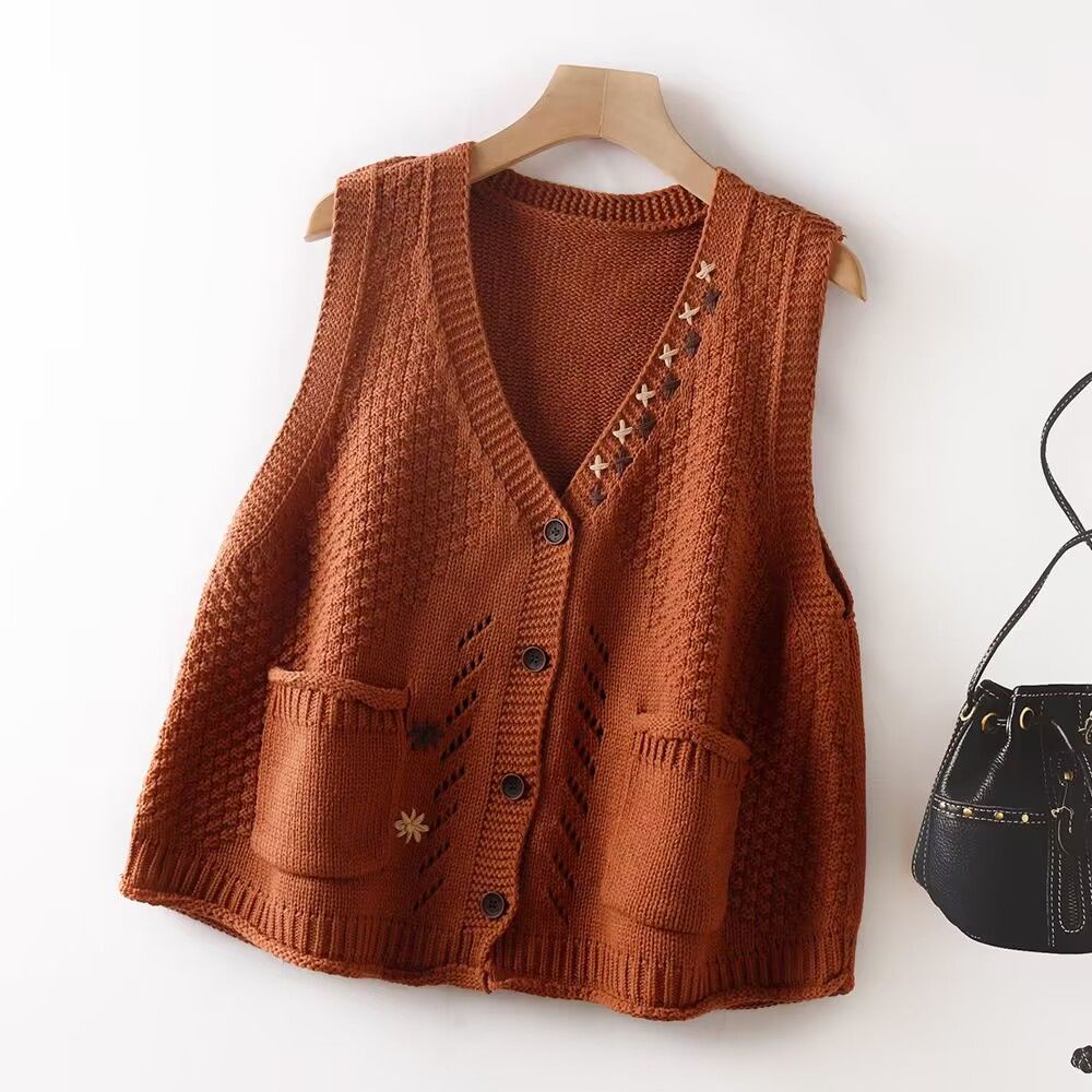 Plus Size Dệt Kim Áo Vest Nữ Mới Vintage Nghệ Thuật Rời Người Yêu Màu Trơn