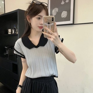 Áo thun ngắn tay mỏng mùa hè dành cho nữ Phong cách mới Hàn Quốc Quần dệt kim viền sóng