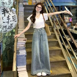 Quần jean dài DADUHEY ống rộng lưng cao size lớn phong cách đường phố Mỹ mới