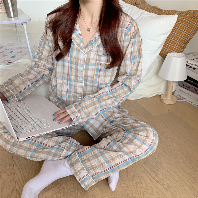 Váy Ngủ	Pyjama Bộ Đồ Ngủ Mặc Nhà Kẻ Sọc Thời Trang Xuân Thu Cho Nữ [luyoo32]