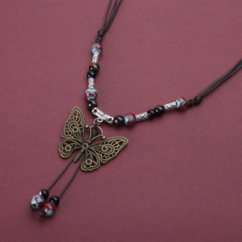 Li Vintage Sáp Dây Handmade Gốm Sứ Hạt Bướm Mặt Dây Chuyền Vòng Cổ Dành Cho Người Yêu Nữ Áo Len Dây Chuyền Thẩm Mỹ Trang Sức