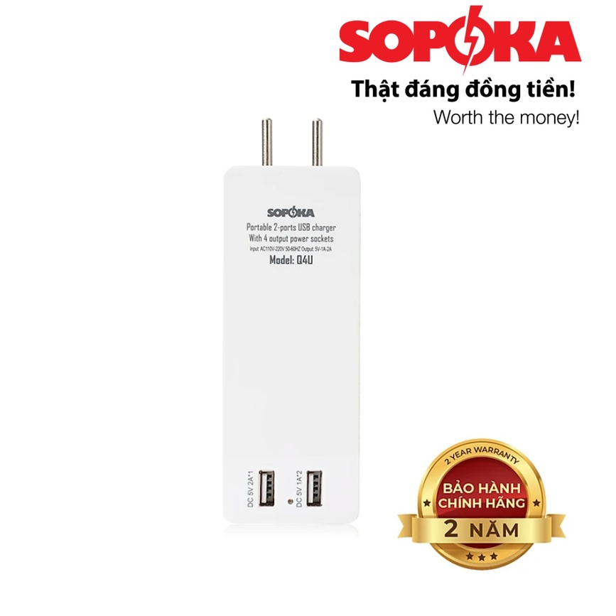 (Bảo hành 2 năm) Ổ cắm điện mini 4 ổ cắm tích hợp 2 cổng sạc USB 5V-2A ...