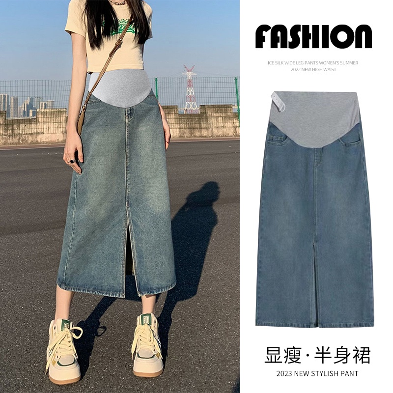 Chân Váy Denim Dáng Rộng Xẻ Tà Thời Trang Mùa Hè Cho Mẹ Bầu