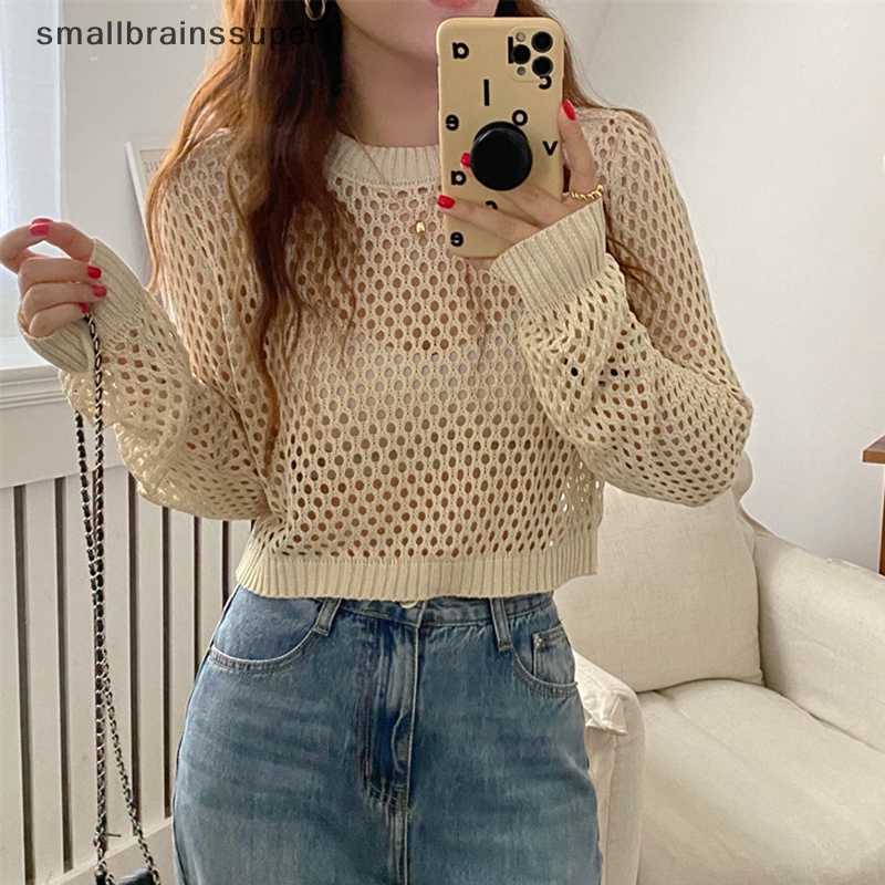 Smallbrainssuper phụ nữ mùa hè màu rắn cổ tròn rỗng ra dài tay áo đơn giản lỏng dệt kim hàng đầu sbs