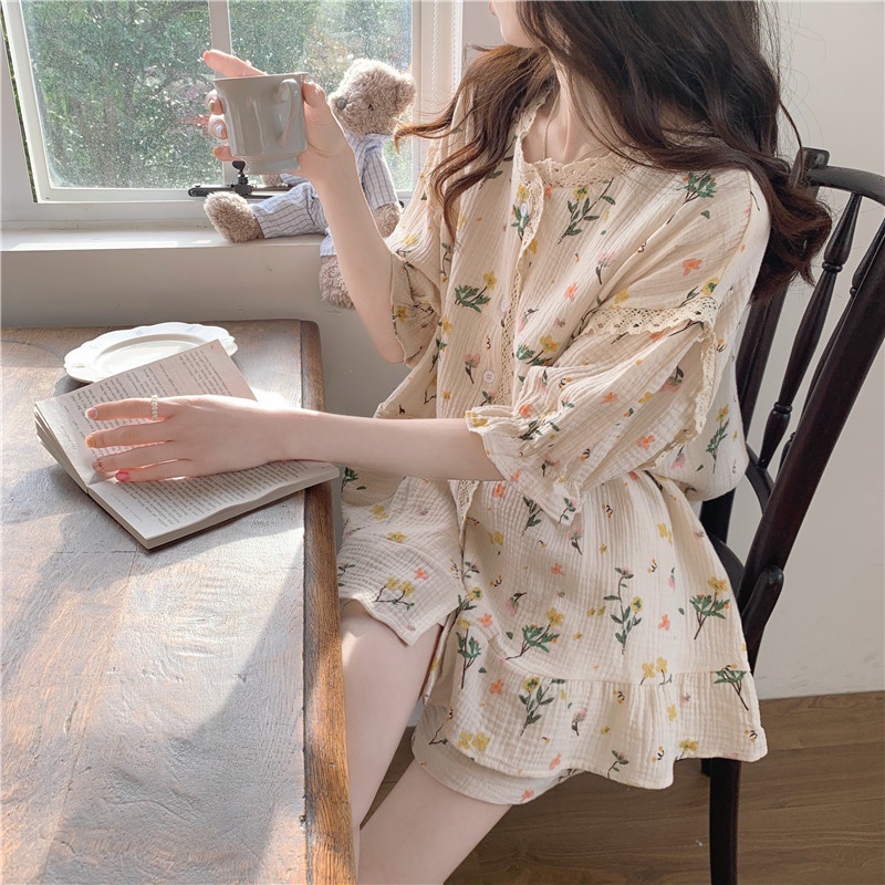 Váy Ngủ	Pyjama Bộ Đồ Ngủ Ngắn Tay Cổ Tròn Họa Tiết Hoa Phong Cách Hàn Quốc Cho Nữ