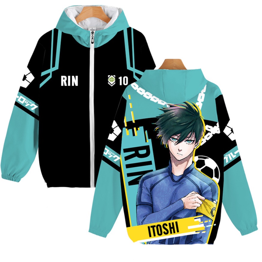 Jersey Xanh Khóa Áo Dài Tay Unisex Top Dây Kéo Cosplay 3D Áo Reo Nagi Seishirou Thời Trang Áo Khoác Ngoài Plus