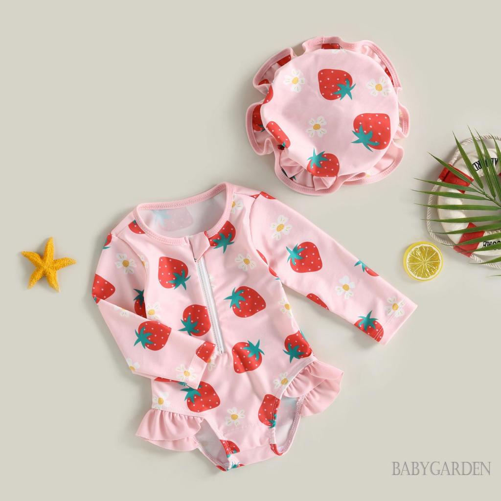 Bộ Đồ Bơi + Mũ Chống Nắng Tay Dài In Họa Tiết Dâu Tây Dễ Thương Cho Bé Gái 6 Tháng-3 Tuổi