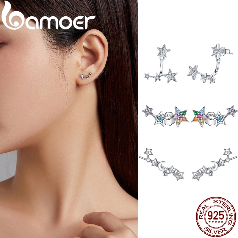 Bamoer Bạc 925 Cặp Bông Tai Ngôi Sao Đơn Giản Bông Tai Trang Sức Thời Trang Quà Tặng Cho Nữ