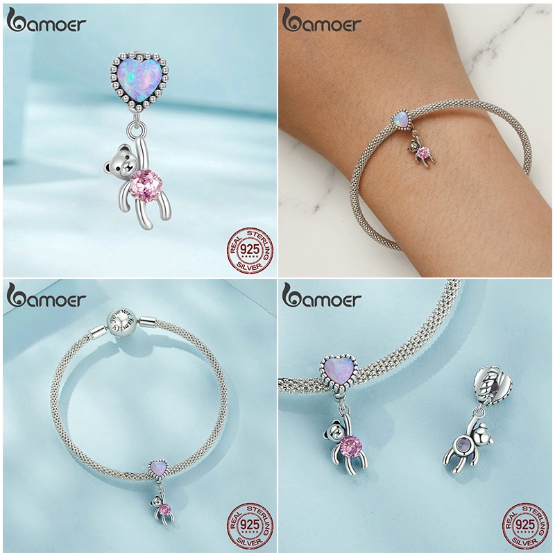 Hạt bạc 925 BAMOER hình lông vũ / chim công / hoa hồng / gấu thời trang cho nữ
