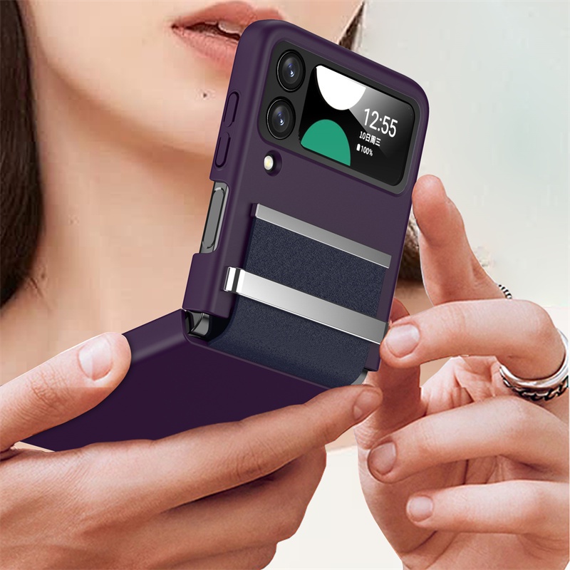 Ốp Điện Thoại Da + PC Cứng + Miếng Dán Bảo Vệ Màn Hình + Dây Đeo Cổ Tay Cho Samsung Galaxy Z Flip 4 Z Flip 3 Z Flip 3