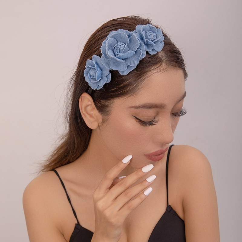 Băng đô đầu nữ phong cách ngọt ngào mùa xuân, chất liệu denim họa tiết hoa hồng