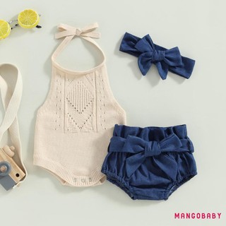 Mgg-baby Girl Trang Phục Mùa Hè Màu Trơn Buộc Dây Cổ Đan Áo Len Romper Quần Short Denim Có Dây Đeo Đầu Bộ Quần Áo 3 Chiếc