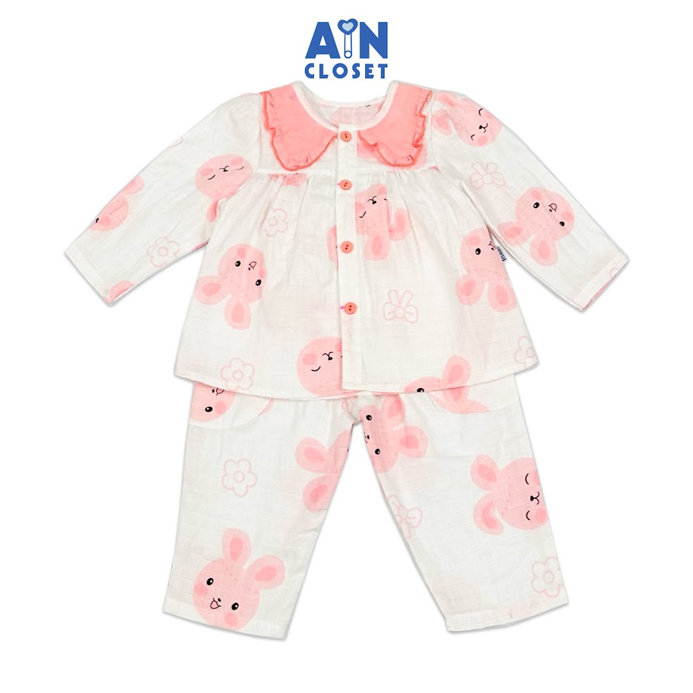Bộ quần áo Dài bé gái họa tiết Thỏ Bunny Hồng nền trắng xô sợi tre - AICDBGAYEKTK - AIN Closet