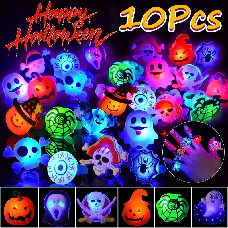 Set 10 Nhẫn Halloween Phát Sáng Hình Đầu Lâu / Bí Ngô Dễ Thương Cho Bé