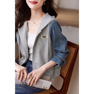 Casual denim stitching top 2023 mùa xuân phong cách mới dây rút có mũ trùm đầu kết cấu áo khoác all-match nữ