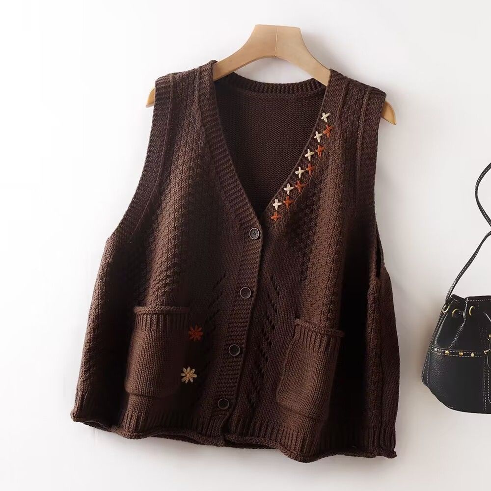 Plus Size Dệt Kim Áo Vest Nữ Mới Vintage Nghệ Thuật Rời Người Yêu Màu Trơn