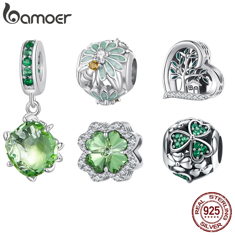 Hạt charm BAMOER bạc 925 hình cỏ bốn lá dùng làm đồ trang sức
