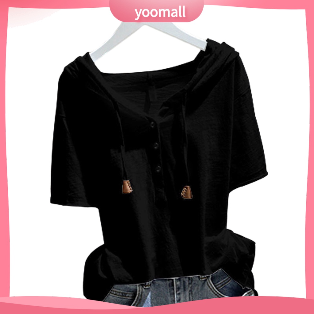 [Ym] Áo Hoodie nữ tay ngắn có mũ trùm đầu Dây rút màu trơn dáng rộng mềm mại Áo chui đầu thoáng khí Ladt mùa hè