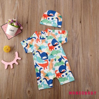 Mg-little Bé Trai Tắm Phù Hợp Với Mũ Bơi Tay Ngắn Mock Cổ Lưng Dây Kéo Lên Đồ Bơi Khủng Long In Hình Đồ Bơi Áo liền quần