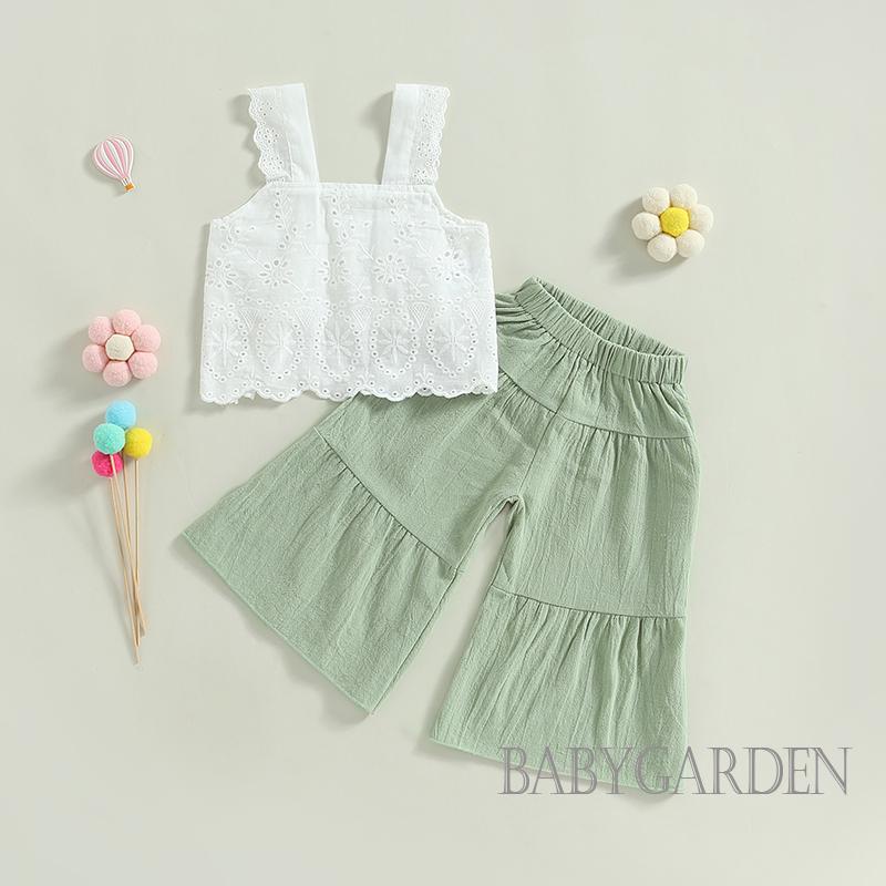 Bộ quần áo mùa hè cho bé gái 1-6 tuổi, Áo ren không tay màu trơn + Quần ống rộng co giãn thông thường
