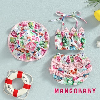 Mgg-baby Girl 3 Bộ Đồ Bơi Mùa Hè In Hình Trái Cây Băng Dây Áo Không Tay Đi Biển Quần Short Và Mũ Bộ Đồ Bơi